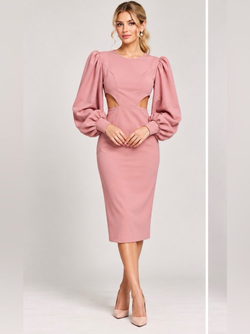 Ashley Lauren Blush Pink Cutout Puff Sleeve Midi Dress GALA Cocktail SZ 6 MOB